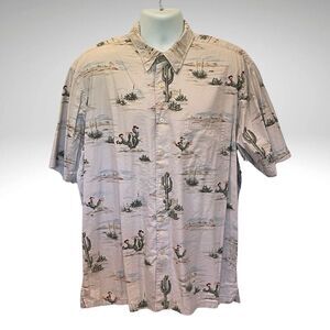 Nautica Cream Casual Button Down Shirt with Tropical Cactus Print, Size XL